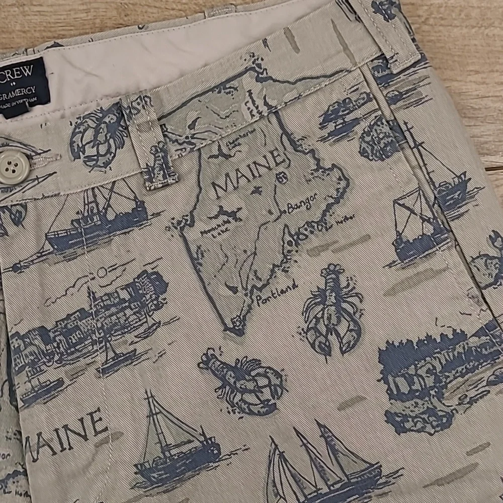 J CREW Gramercy‎ MAINE Theme Grey Cotton Sz 33 Mens Casual Flat Front Shorts